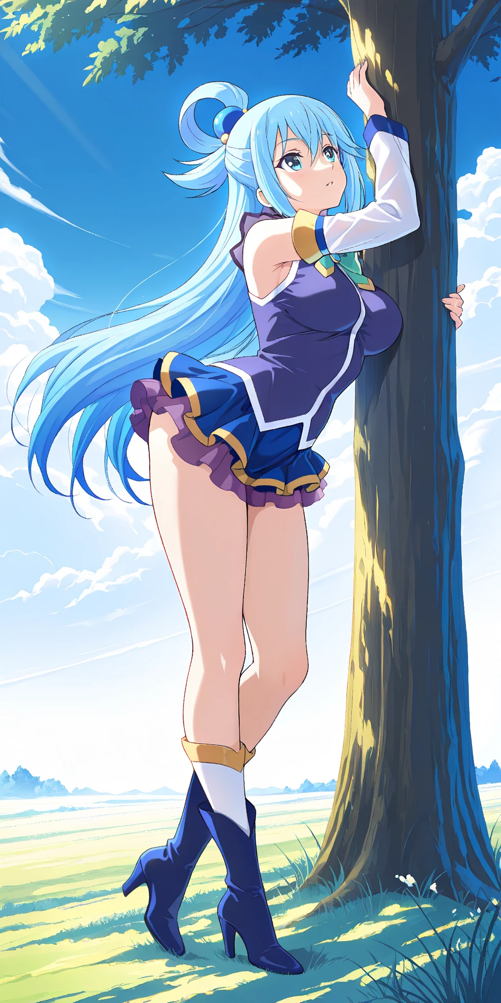 1 girl, alone, aqua, (masterpiece, best quality: 1.2), blushing, smile, long hair, blue hair, blue eyes, smile, closed mouth, mocking grimace, hand holding chest, full body, sexy body , looking at viewer, looking back, from behind, focus on ass, point of view (from below), hold, sorceress staff, hair rings, large breasts, medium waist, wide hips, wide thighs, round butt, shirt blue, bow, short sleeves, blue skirt with yellow details, short skirt, bare thighs, bare shoulders, open field, meadows, lake, perfect anatomy, perfect hands