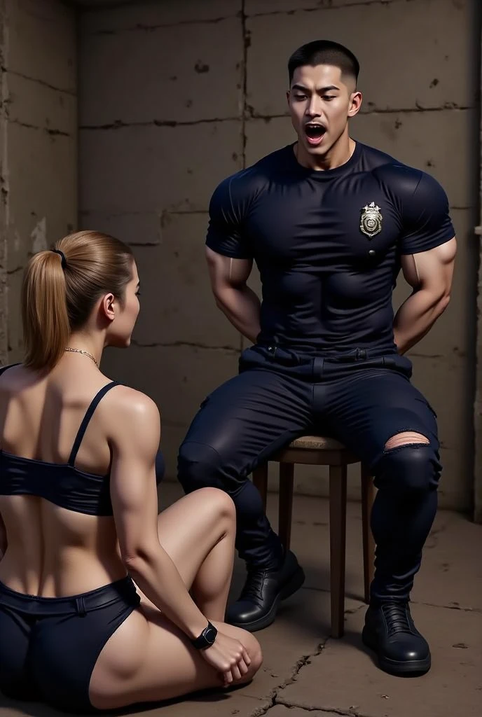 Leyendecker style illustration of a blonde Navy SEAL making love to a girl. He is dressed in a Kevlar body armor, the girl is kneeling in front of him, unbuttoning his trousers and underpants.