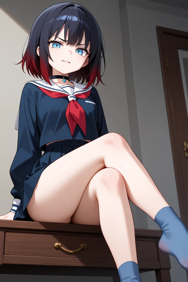 (1) A woman takes off her shoes and sits on the carpet in the living room. her skirt is short、You can almost see her white panties.
(2) The woman is a , in a high school uniform、I&#39;m wearing black knee socks on my feet。.
(3) The woman&#39;s hairstyle is brown and semi-long..
(4) The woman&#39;s expression is a smile.
(5) The location is on the carpet in the living room of the apartment..