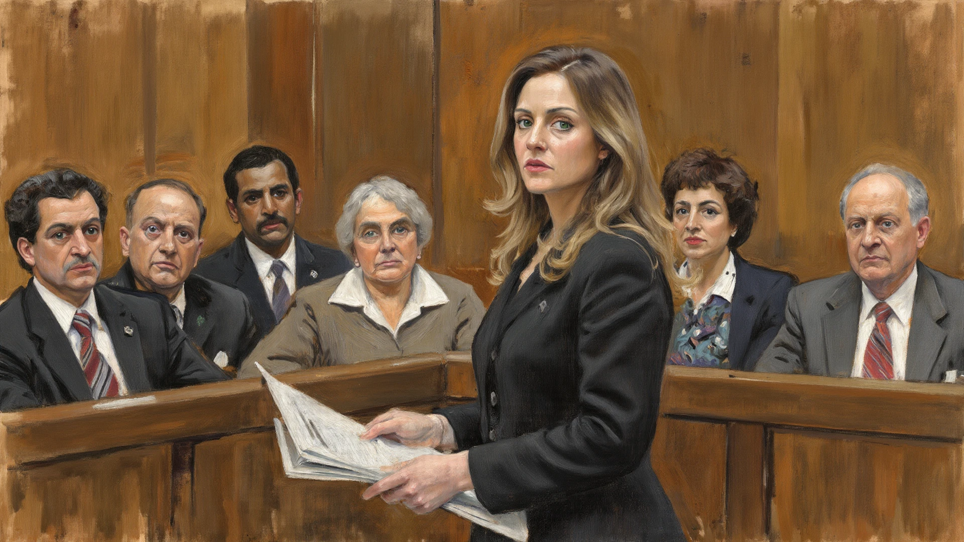 A cute woman (age 40, perm in hair, formal jacket, mini skirt, high heels, little make up, cleavage small but over exposed, folder, cell phone) is questioning a witness in a court room