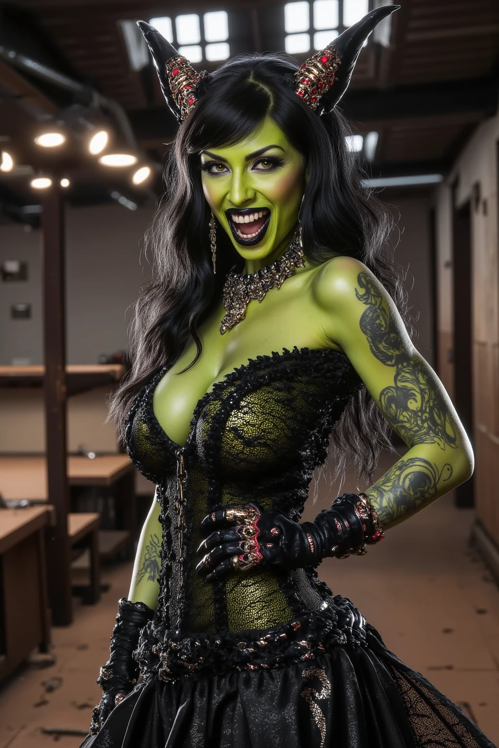 Female Orc, long flowing red hair, muscular build, blue eyes,