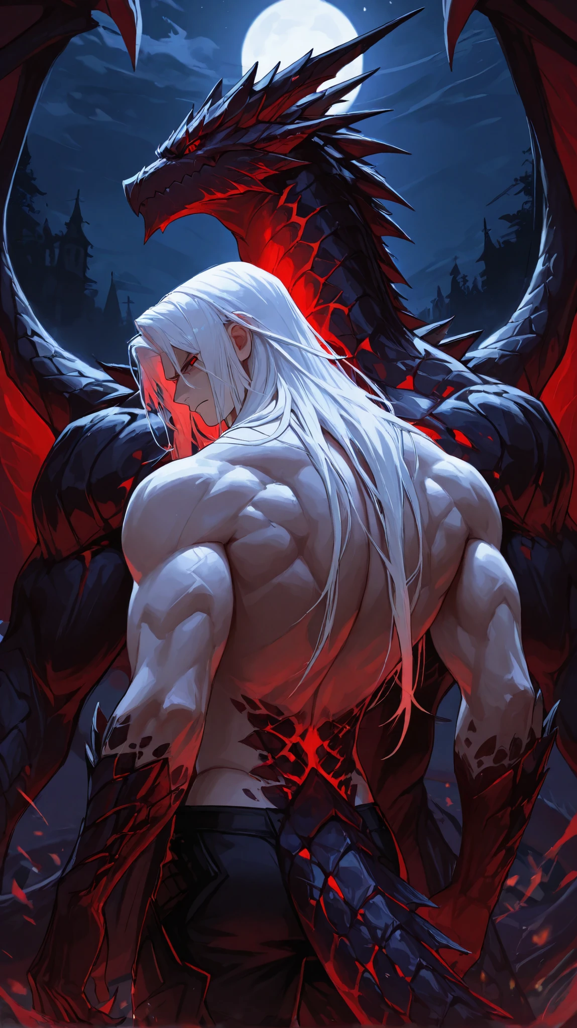 Man male, dark skin, white hair, long hair, strong and robust body, handsome face, large demon horns, giant large black wings, black and red suit, intimidating appearance.