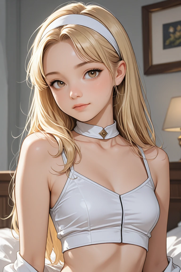 Best Quality, masterpiece,by white, gold eyes,White clothes, seeking out, Upper part of the body,lock of hair,White skin, loose wavy blonde hair 