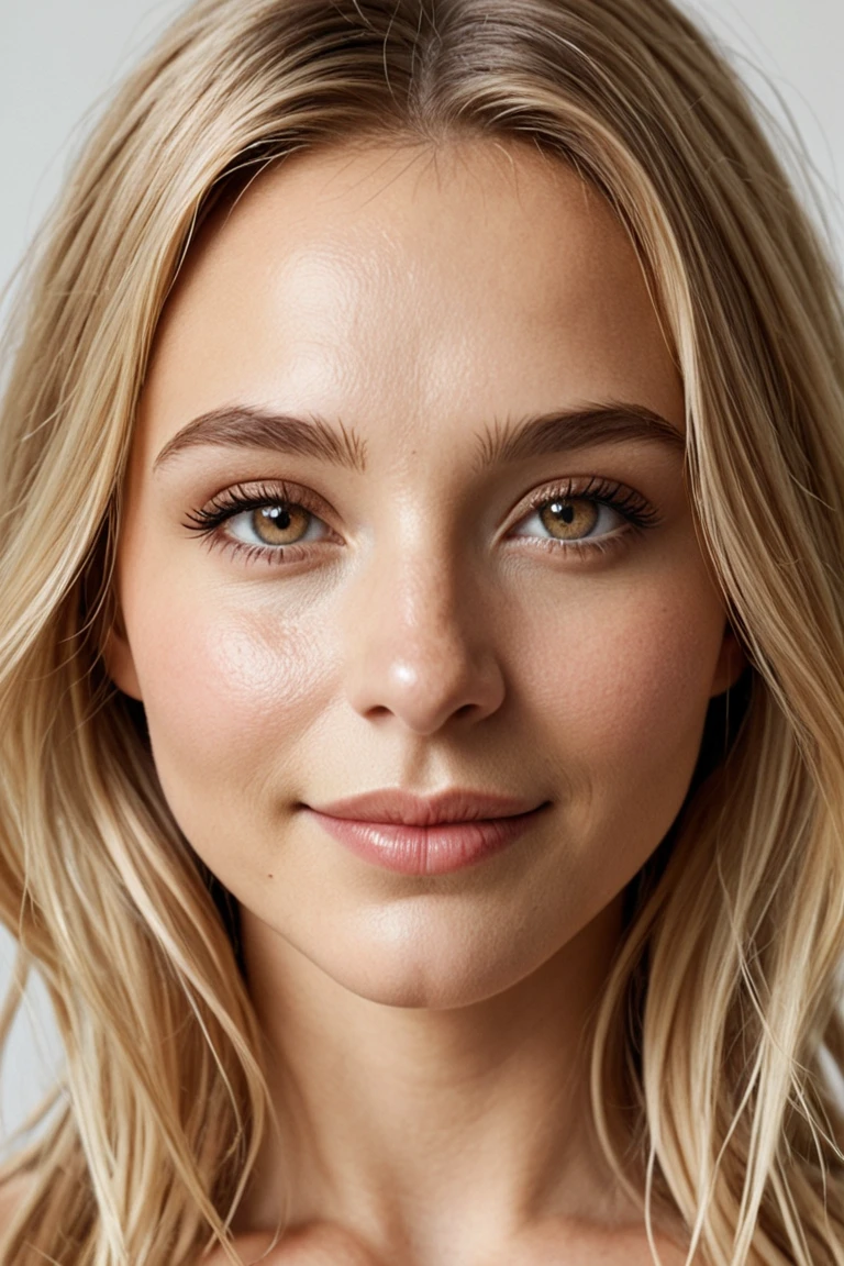 realistic photo of a young blonde woman with her finger resting on her nose