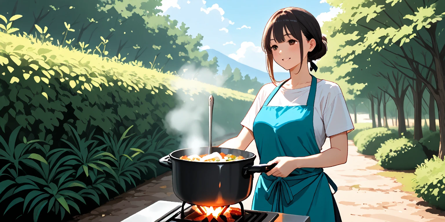 A is playing cooking and cooking in her backyard wearing a short white shirt short black pants short black hair on a scarf