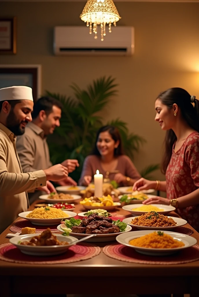 Foto food gather people. There are people wearing the hijab
