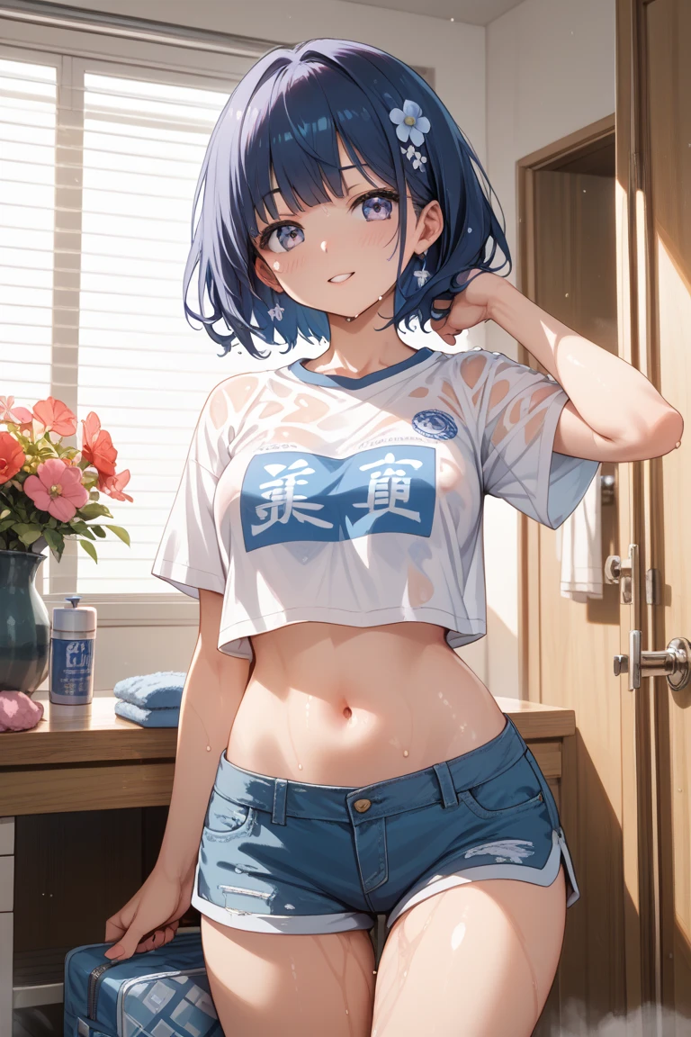 "(perfect masterpiece:1.2), (highest quality:1.2), stunning face, mature and chubby, Big eyes, compensate, long and luxurious eyelashes, lip whole, irresistible charisma.",belly button,(((girl like boy))),(((very short hair))),腹logic,raised his arms,NSFW,(((logic))),sports pants,sportswear,hair clip,training,Sweat,yoga,wallpaper,white t-shirt,small breasts,pixie cut
