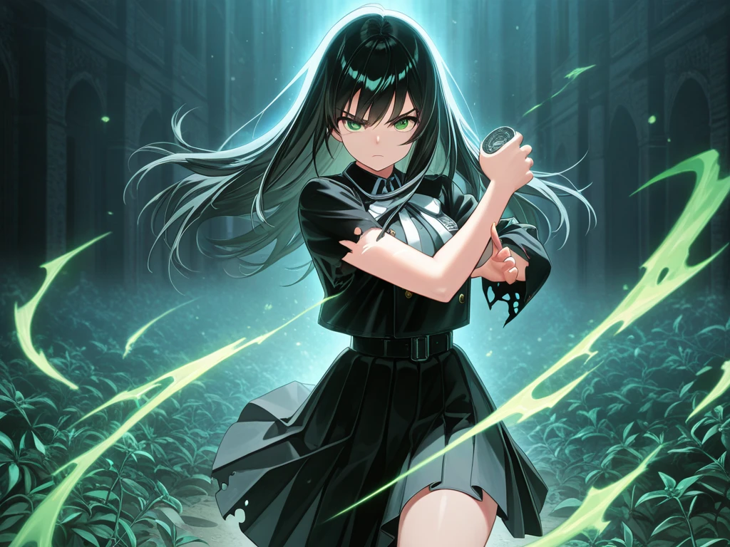 A high definition image of Miyuki Shiba with (midnight black hair) and (bright blue eyes), wearing a (dark green sleeveless cyberhanfu), (bare shoulders), technogear, glittering neon on a Chinese dress, glittering neon blue and red hairpins, a cowboy shot, exposed midriff, (bare legs), high slit cheongsam