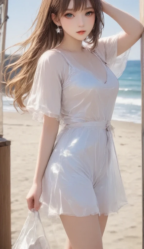 (8k), (best quality), (masterpiece:1.2), (realistic), (photorealistic:1.37), ultra-detailed, ((european sexy girl)), 1girl, cute, smile,
closed mouth, beautiful detailed eyes, beautiful detailed nose,nude, big breasts,, realistic body, cameltoe, blonde hair,
(wet transparent lace:1.5), dreamlike,(real human skin:1.3), (topless:1.2), cleavage, (full body:1.5),(wind blowing hair),(detailed eyes),(detailed facial features),
golden sand,((at a beach at sunset)), looking at camera, smile, ((flash lighting)),(vivid colors,staurated colors),blue waves,