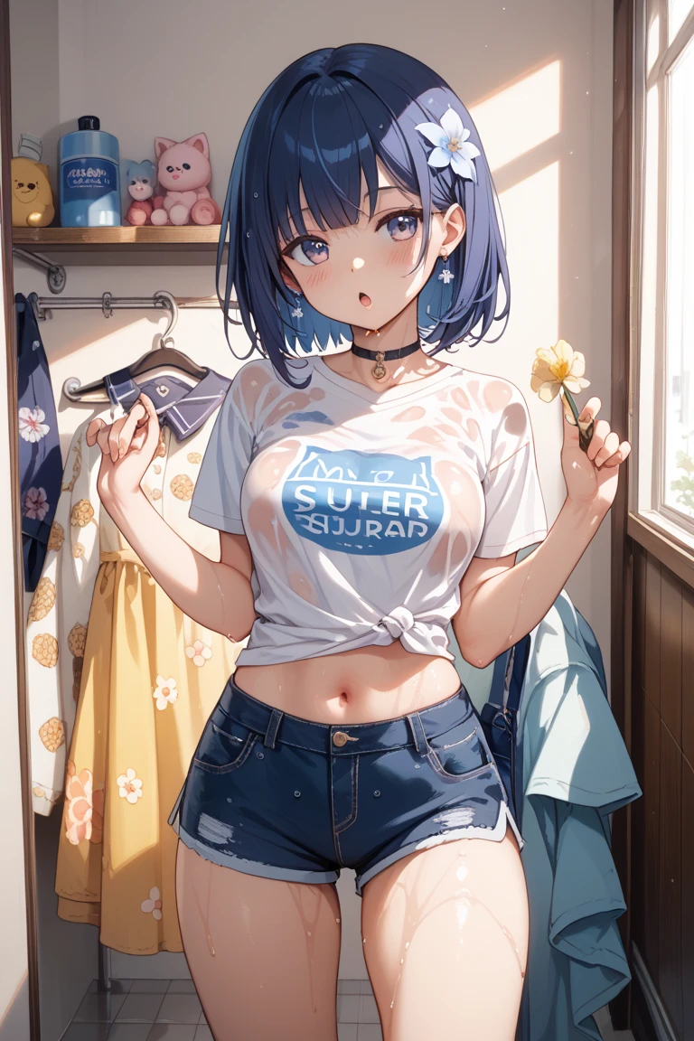 (Masterpiece, high quality), 1 girl, , flat chest, COLORFUL T-shirt, (colorful panties), wide, in a clothing store, (choosing clothes), SMILE, vibrant colors, best shadows, volumetric lighting, watercolor