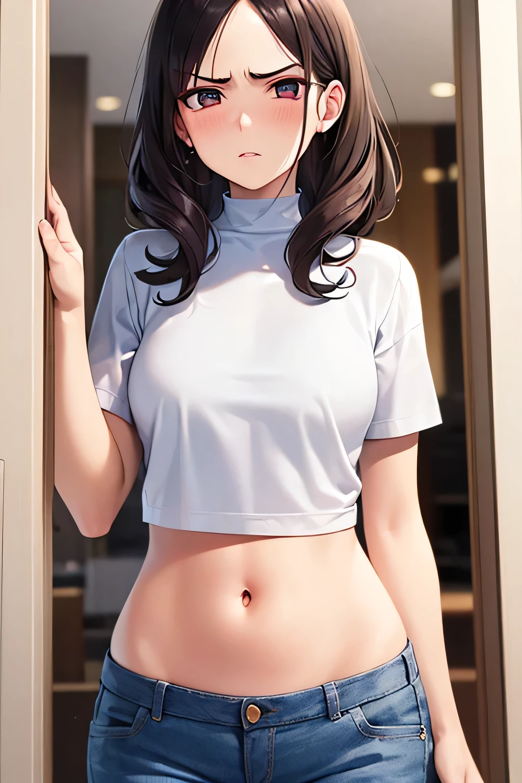 1 female,12 years old,brown hair,beautiful low ponytail hairstyle, (Miniskirt and large plain white T-shirt, (under bust:1.2), short sleeve, natural smile,,frameless eyeglasses,(slouch)