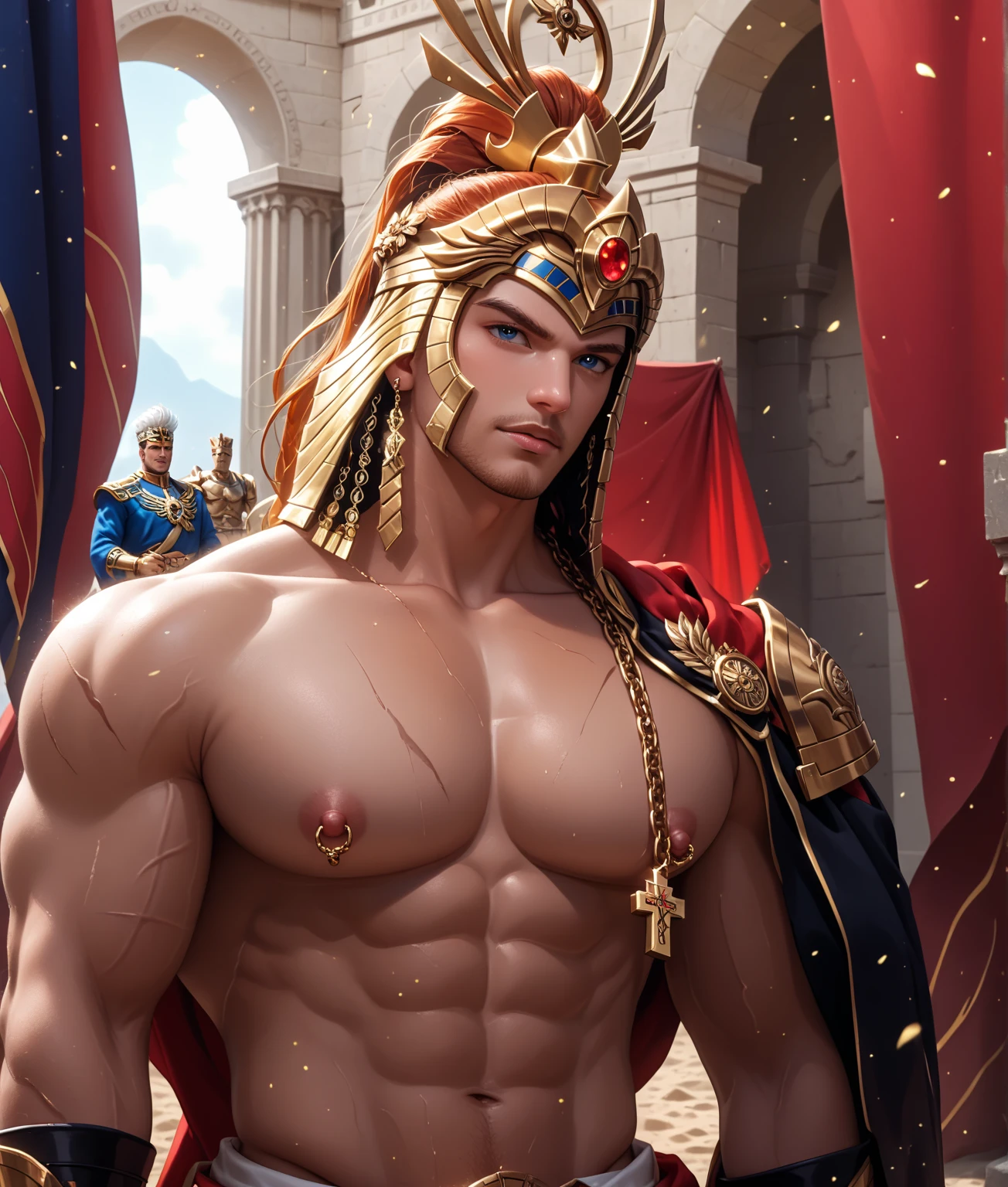 ((best quality)), ((masterpiece)), (detailed), 1boy, 18 years old, fitted, chiseled, rich greek temple, male, short blonde messy hair, heavenly handsome male face, detailed eyes, muscular chest, topless, golden chain belt, draped cloth sunga, revealing his sexy body and thighs, correct looking penis, arm ring, detailed skin, realistic, daeni pin style, [Daniel F. Gerhartz style::0.5], uhd image, hires, 8k, photo-realistic, epic lighting, sharp focus, realistic, romantic,