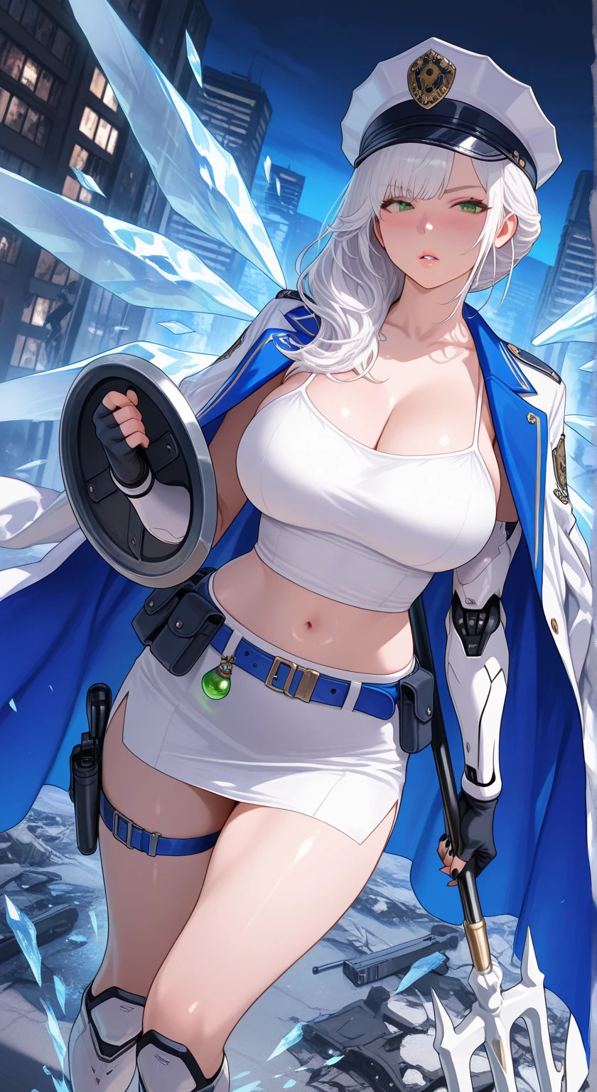 Sans blue jacket black shirt fire eyes skull smile long eyelashes white short hair glowing face blue keel cannon one standing in the snow town Femininefull big breast breast enlargement full-body shot
