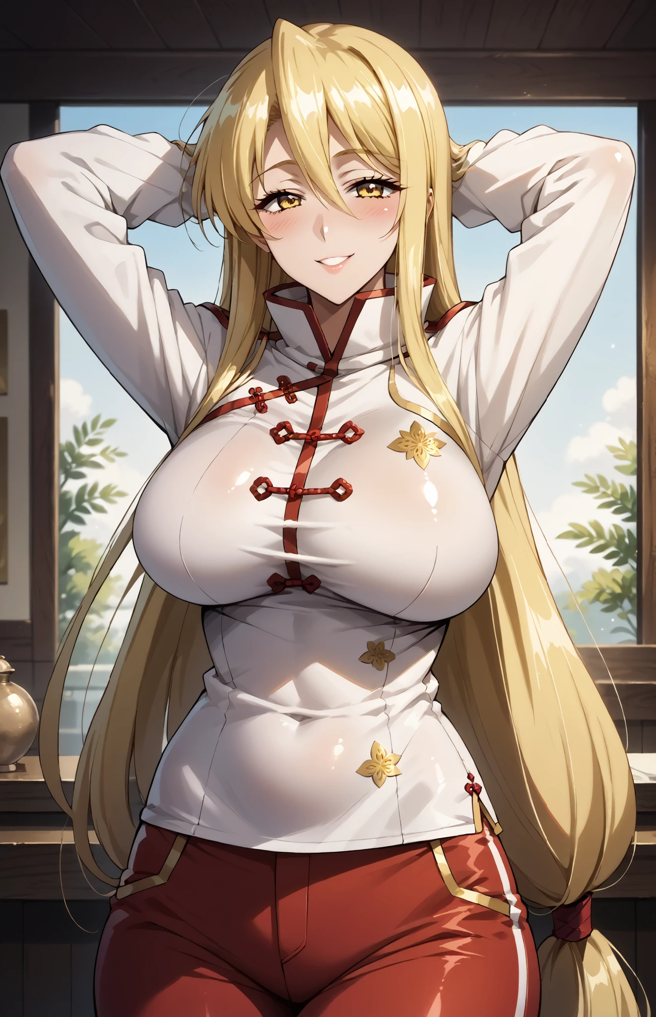 Hairstyle long straight, hair to waist, blonde, green eyes, rounded face, curious look, large breasts: 0.75, chubby: 0.75, white cheongsam style, ((white fantasy robe)), gold decoration on clothes,