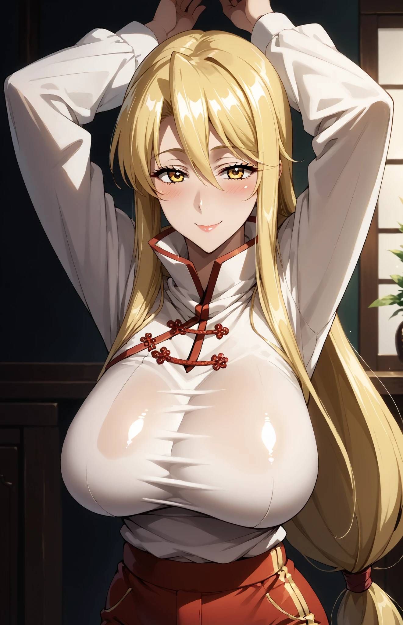 (masutepiece、Best Quality)、Angelica Rapha Redgrave、1girl in、Open bra、Beautiful eyes、Well-formed face、very large udder、Too big、fullnude、Taking it off、unwear、Big and beautiful nipples、Beautiful areola、beauty legs、a room、emphasizing breasts、blushed face、Figure-eight eyebrows、Moist eyes、Seduce a man、shame、