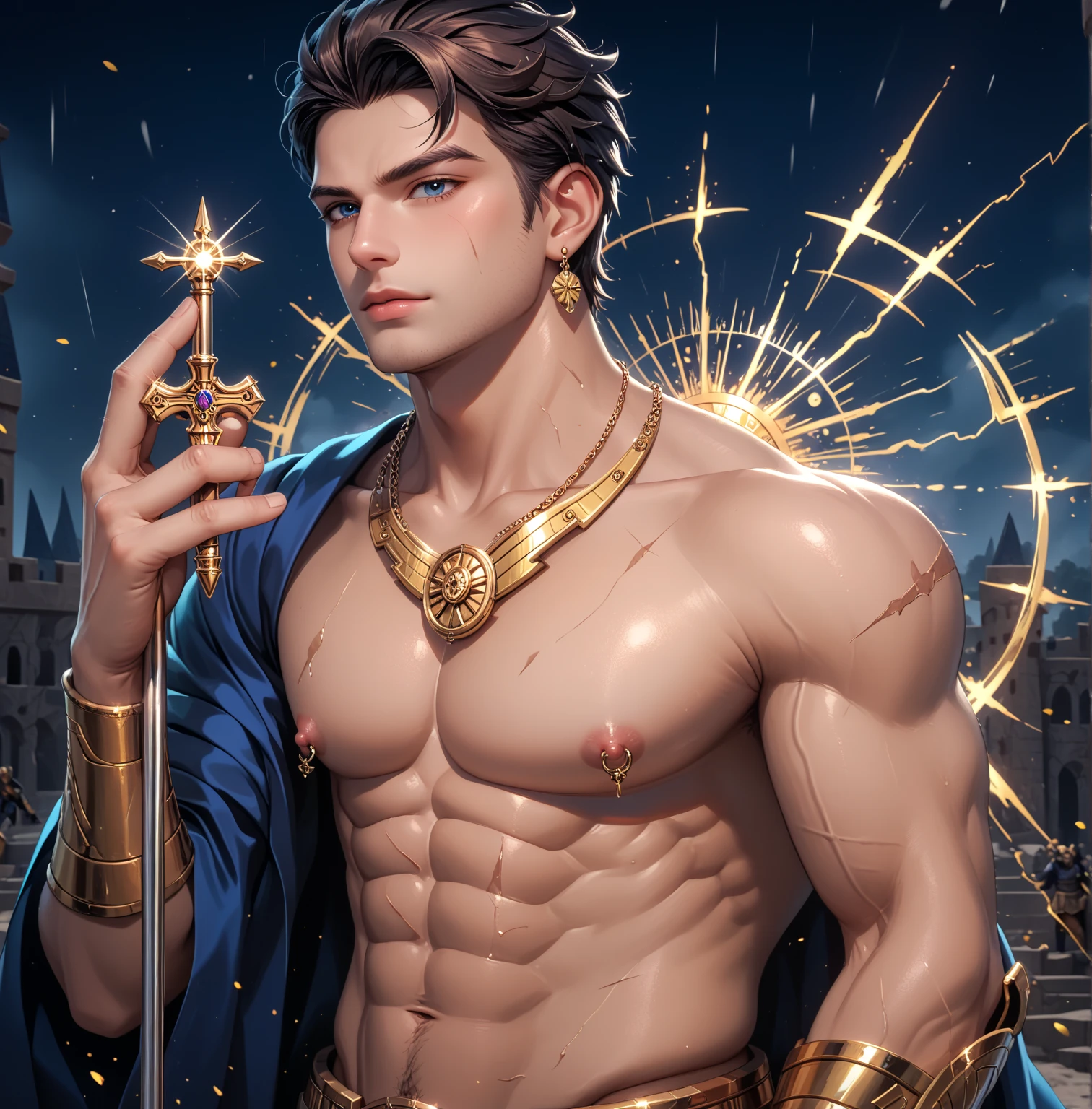 Looks perfect in the form of realistic display and hyper detail, ZBrush, too realistic oil,create fit, man, muscle, ,tall big, face perfect, body with aura, bare-chested, brown hair, fangs, shirtless, gold necklace, arm bracelet, heaven, fantasy, unrealistic scene, rainbow, firefly, stars, shooting star, solar, moonlight, moon, clouds,