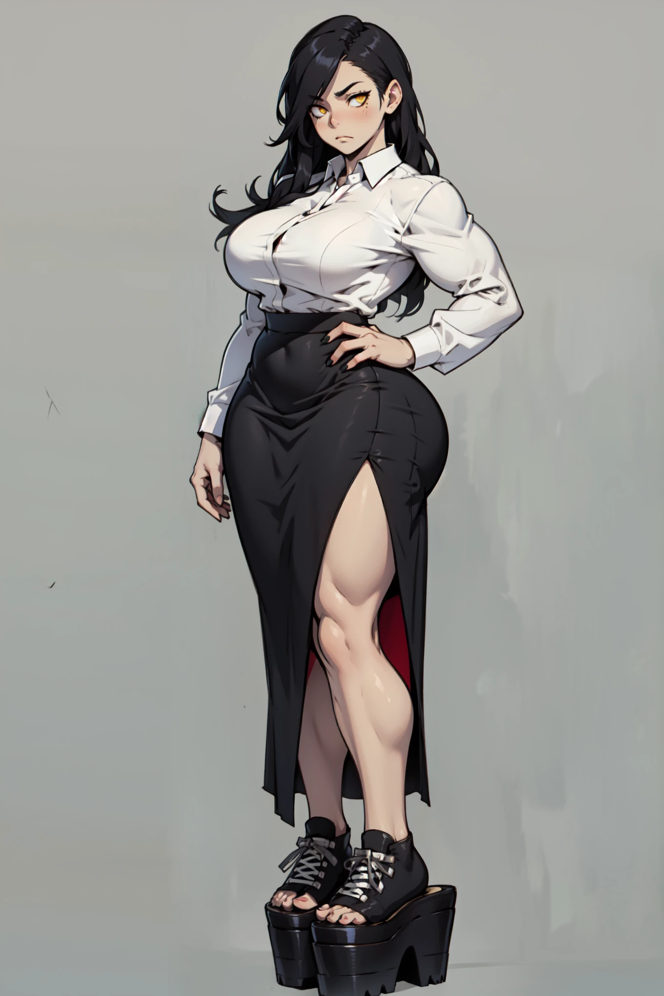 pale skin ((1 girl)) ((((muscular)))), ((huge tits)) ((thick thighs)) ((wide hips)) ((toned body)) ((curvy)) (thick thighs)) (pale skin) black hair very long hair yellow eyes angry (long sleeve white shirt pantyhose pencil skirt)