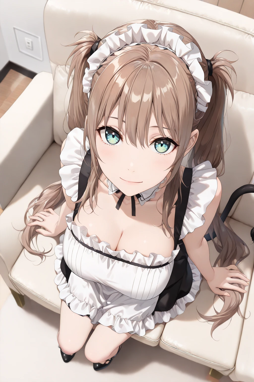 (masterpiece, best quality),
1girl, profile,
BREAK girl, shouko_nishimiya, 10 yo,light brown hair, long hair, shiny hair, (beautiful detailed brown eyes), (large breasts:0.9), beautiful face,
expressionless, half-closed eyes,
BREAK maid, maid headdress, (white shirt, frilled shirt, white short sleeves, puffy sleeves, cleavage), cuffs, white frilled choker with black neck ribbon, black corset,
BREAK grey background
