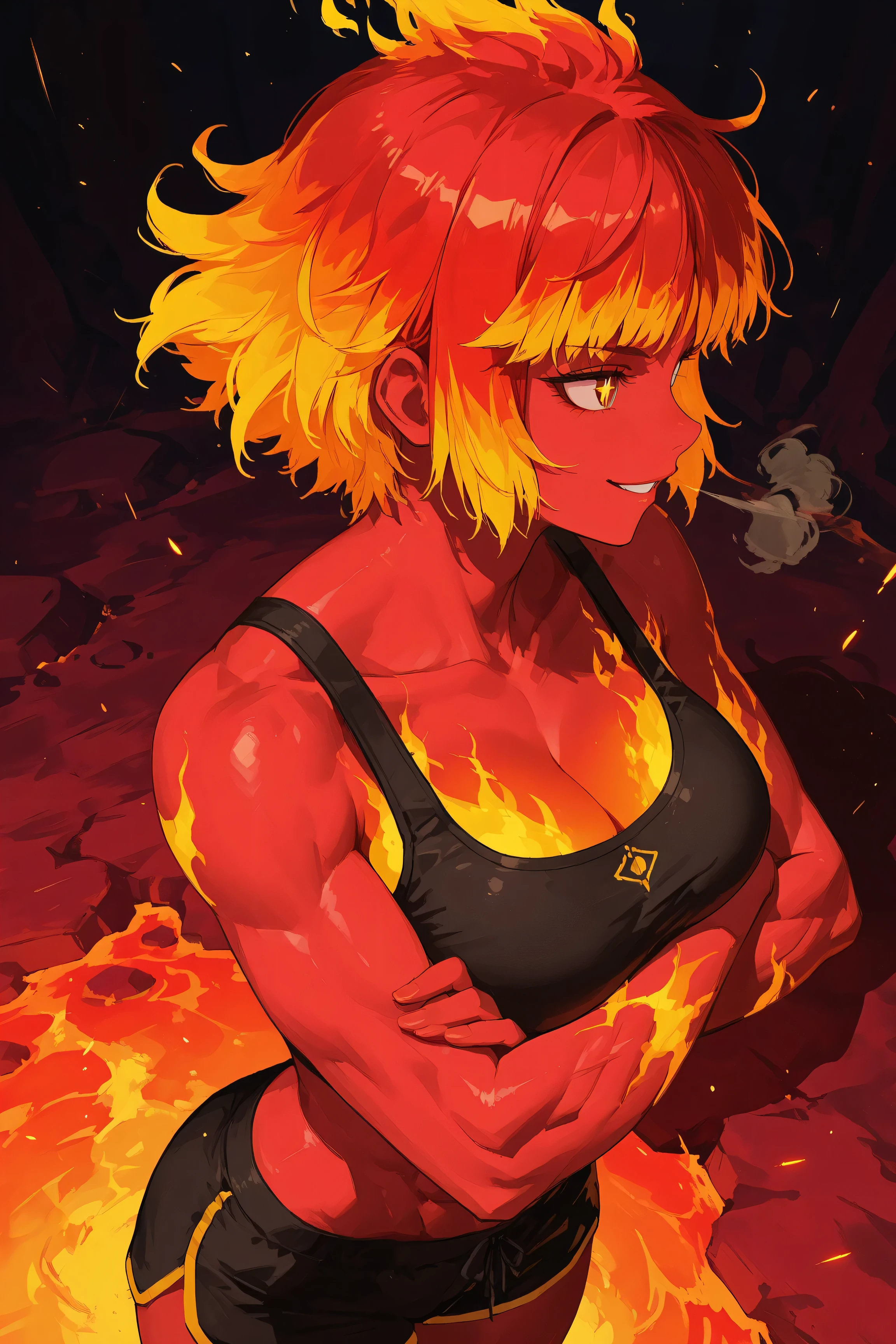 Quality and Main Style:
Your Character: masterpiece, best quality, high resolution, 8k, ultra detailed, sharp focus, modern anime style, medieval fantasy art
Main Subject and Key Details:
Your Character: 1girl, young adult, fire elemental, tomboy, red skin, fiery skin, glowing skin, detailed skin texture, vibrant skin, short hair, shoulder length hair, messy hair, flame-like hair, red and orange and yellow hair, individual hair strands, flowing hair, textured hair, intricate eyes, sparkling eyes, sharp eyes, glowing eyes, athletic build, toned body, muscular, defined abs, large breasts, wide thighs, voluptuous, confident expression, wide smile, fierce expression
Clothing and Accessories:
Your Character: wearing dark sport bra, dark athletic shorts
Setting/Background:
Your Character: volcanic landscape, magma rocks, lava ground, molten rock, detailed background
Composition
portrait, upper body shot, face focus, from above, top-down view, standing, side profile, arms crossed, leaning posture, relaxed posture, character on right side of image
Lighting and Atmosphere:
Your Character: hot atmosphere, heat haze, ash particles in air, glowing embers, dramatic lighting, fiery glow, intense heat, volumetric lighting, strong shadows, dynamic shadows, rim lighting
Artistic References (Optional):
Your Character: by houk1se1, style of houk1se1