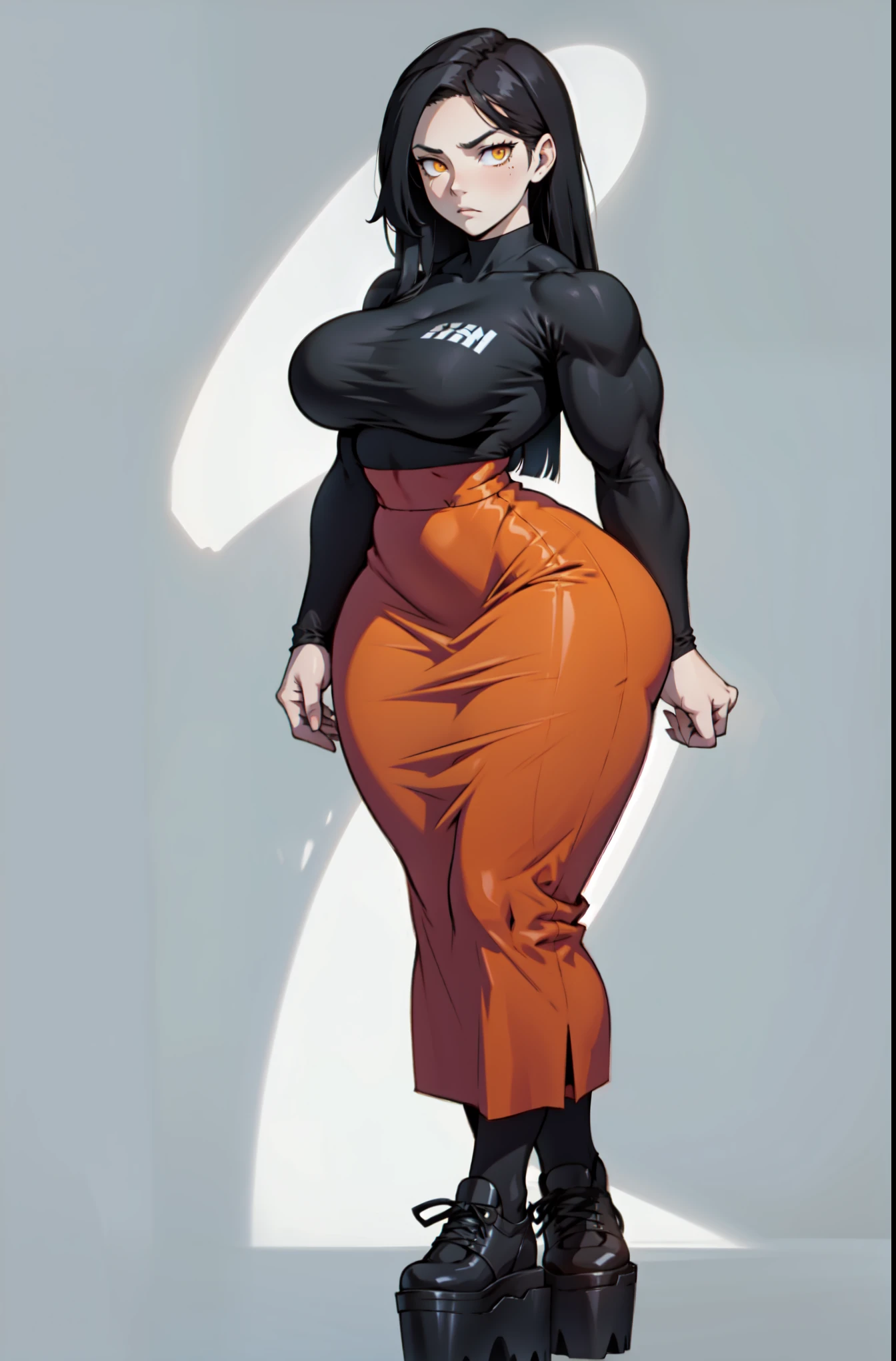 (masterpiece), best quality, expressive eyes, perfect face, vampire girl, huge girl, female muscular:1.2, big breast:1, (curvy:1.5) , (straight hair:1.8), ((blank background)), ((full body)), (thick thighs:1.4), (long legs:1.4), amazon body, toeless boots, ((pale skin)) , red eyes, black hair, (long fangs) , long yellow dress, long sleeves, loose sleeves, covered nipples