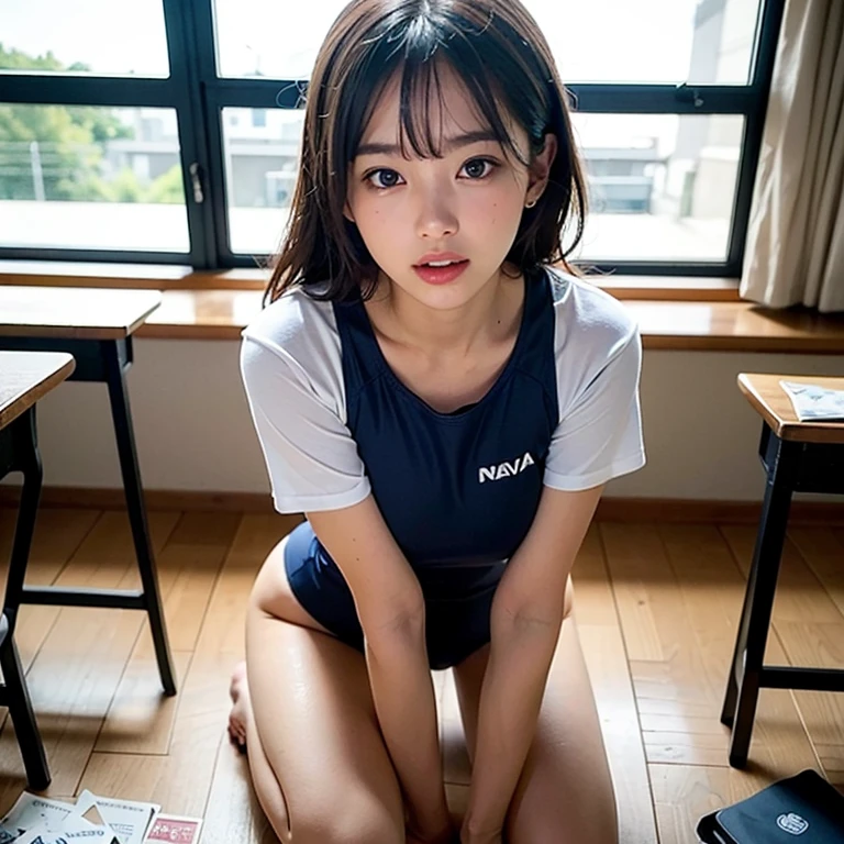 mana ashida,coverd nipples,camel_toue,(Masterpiece, Best Quality: 1.2), (Ultra Detail, RAW Photo: 1.3, Photo_Realistic, Ultra_Resolved, Thorough Realism, Realistic Skin Texture: 1.3), 1 Girl, (Open Viewer Sitting on legs), (Very cute Japanese idol face: 1.3), (Cute: 1.2), (Beautiful and exquisite face and eyes: 1.2), (Spark eyes, blushing cheeks, gentle smile: 1.2) ,Black short cut hair with bangs, ears removed, navy bloomers shorts, (beautiful legs, thighs, perfect bottoms: 1.2), Extremely realistic skin texture, (perfect anatomy, skeletal structure: 1.2) ,(White Plain_Until T-shirt),Break (ceiling, from bottom: 1.2),Japanese school classroom,Evening after school,Real shading
