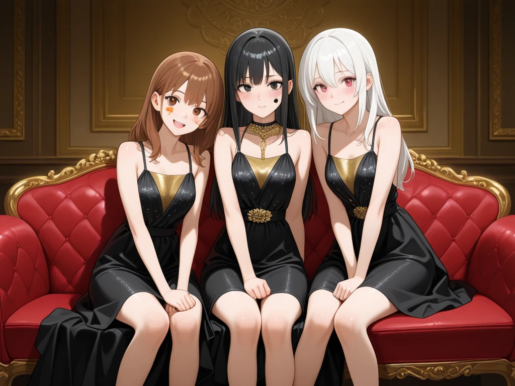 Several women in white school uniform in sexy poses, harem, cushions, lots of light