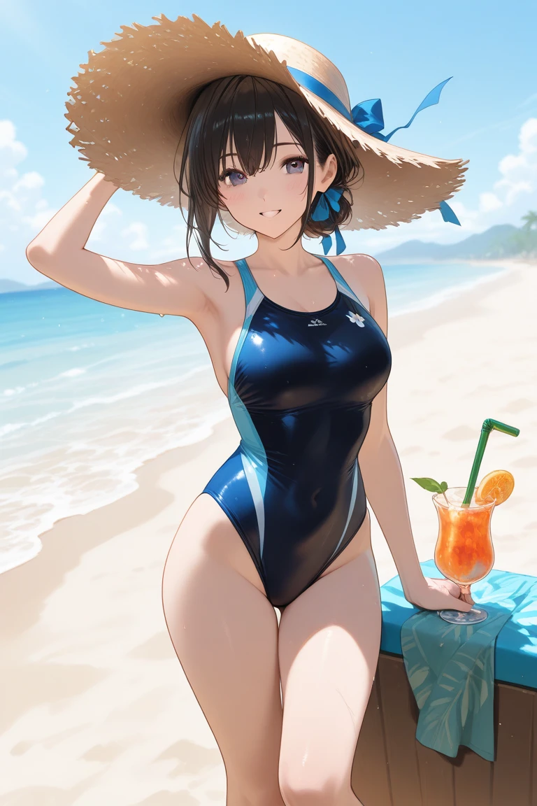 Highest quality,Highest Resolution,Sailor leotard(((２People and above)))A beautiful girl with a crying face,High leg,(((Ｔback))),Very beautiful eyes,Competition Pool,(((Holding a drink in your hand))),(((Open your mouth))),(((Dripping saliva))),sunny,blue sky,sweat profusely,Red tie,whole body,Black short bob,