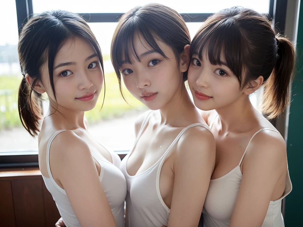 lens: 135mm f1.8, (Best image quality), (Beautiful 60 year old Japanese2Sisters and young people), (Moisturized lips), Narrow eyes, double eyelid, Delicate clavicle, Flat Chest, Shortcuts , (close:1.4) ), Embarrassment, faint smile, Dramatic lighting, (nude), (Sunburned skin: 0.2), Full body photo, Full Body Focus, Tight waist, Slim and slender figure、Anatomically correct、Live Action、smile、A neat and elegant woman、(((若い1boyとGroup Sexしています)))、hug、Licking each other、caress、Group Sex、白いベッドの上で乱れながらGroup Sex