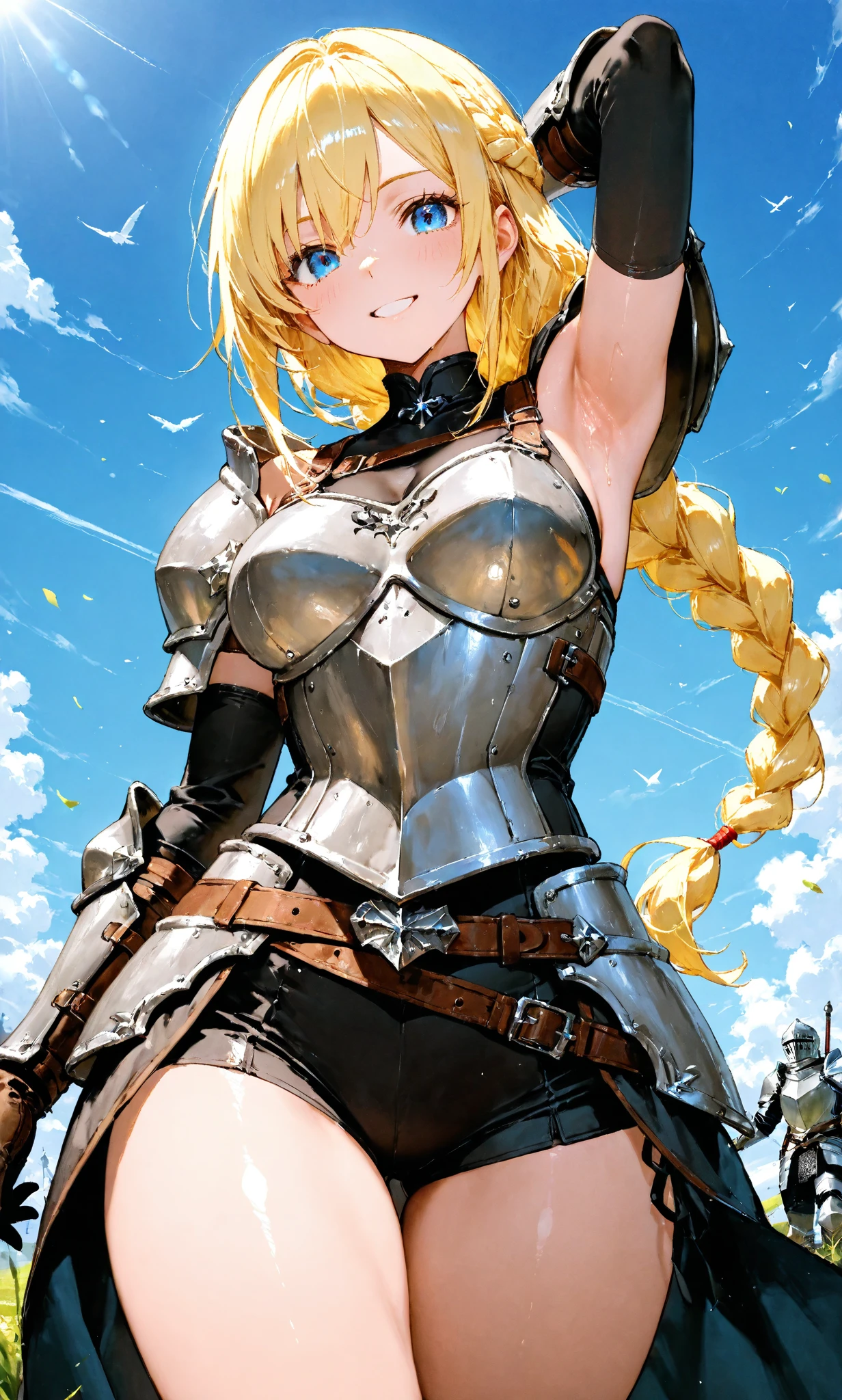 nsfw, 8k, Delicate image quality, best quality, (((blond twintails))), leather armour, panty hose, 16 year old Beautiful girl, masterpiece, best quality, ultra detailed, Photo taken from below, outdoors, storm, lightning, leg spread,
