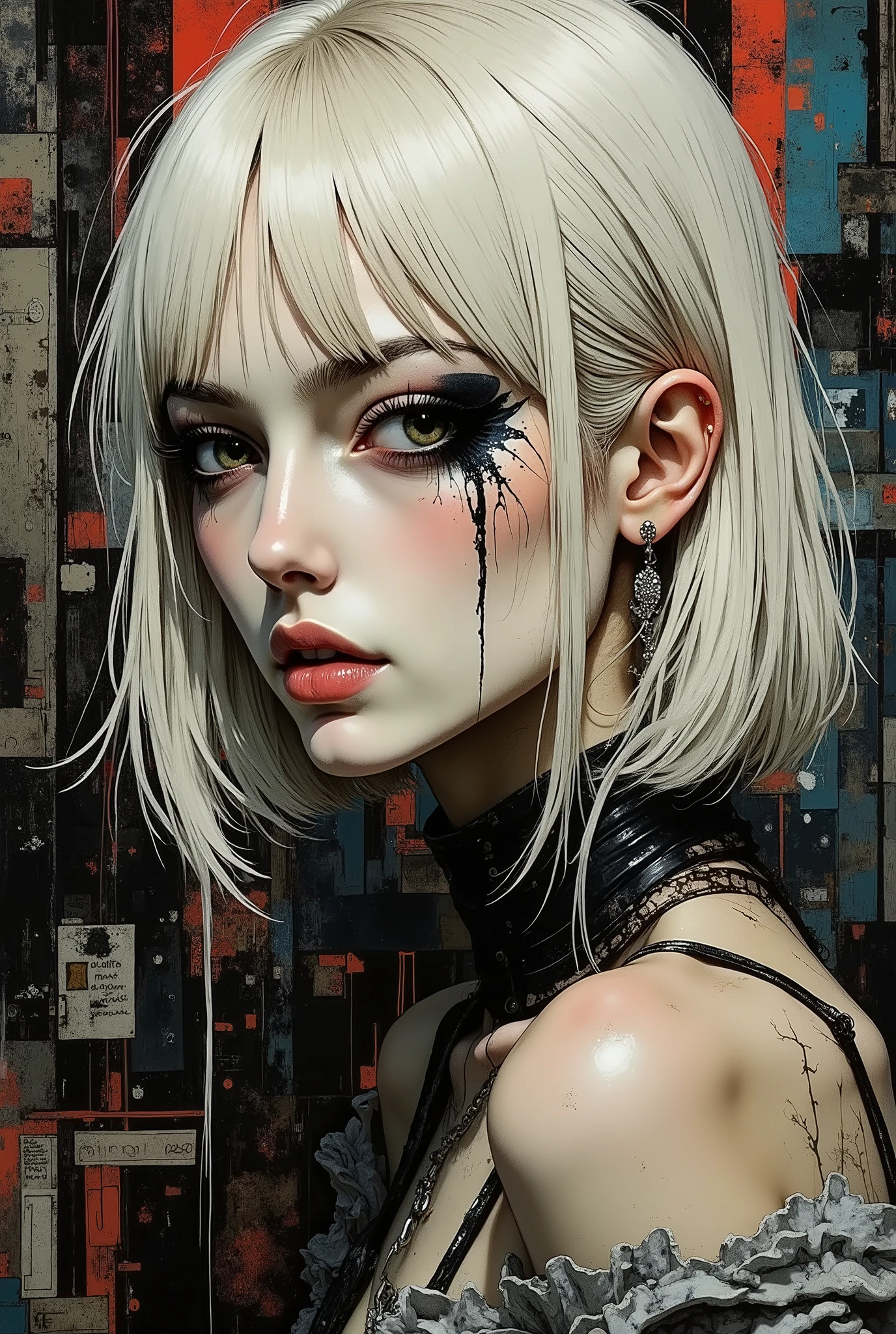 magnificent, abstract pop-art image, expressive, extreme closeup side portrait of young Japanese woman, bleach-blonde bob, dark eyeshadow, averted gaze, sensual, sexy, seductive, erotic, abstract cyberspace background
