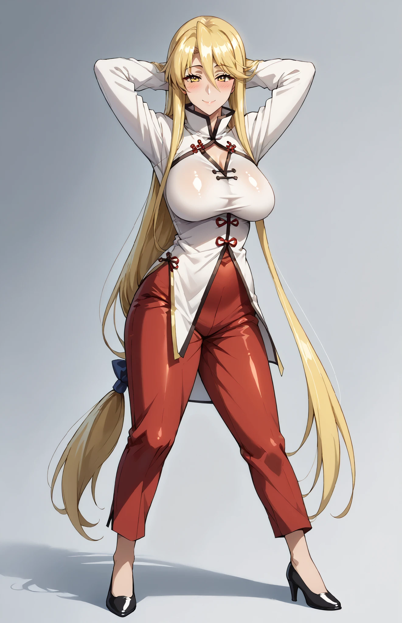 score_9, score_8_up, score_7_up, source_anime, 4K,perfect fingers,(perfect hands, perfect anatomy),prefect lighting, very aesthetic, intricate details,highly detailed background, masterpiece, high quality, best quality,
shizuka marikawa, long hair, blonde hair, very long hair, low-tied long hair, yellow eyes, hair between eyes, smile, large breasts, mature female,
wearing (( chinese clothes, white shirt, high collar, long sleeves, red pants, )),,
((A sagging breast)), ((blush)), ((shiny skin:1.2)), ((seductive smile:1.2)), ((arms behind head:1.5)), front view, ((full body)), ((hollow chest:1.2)),