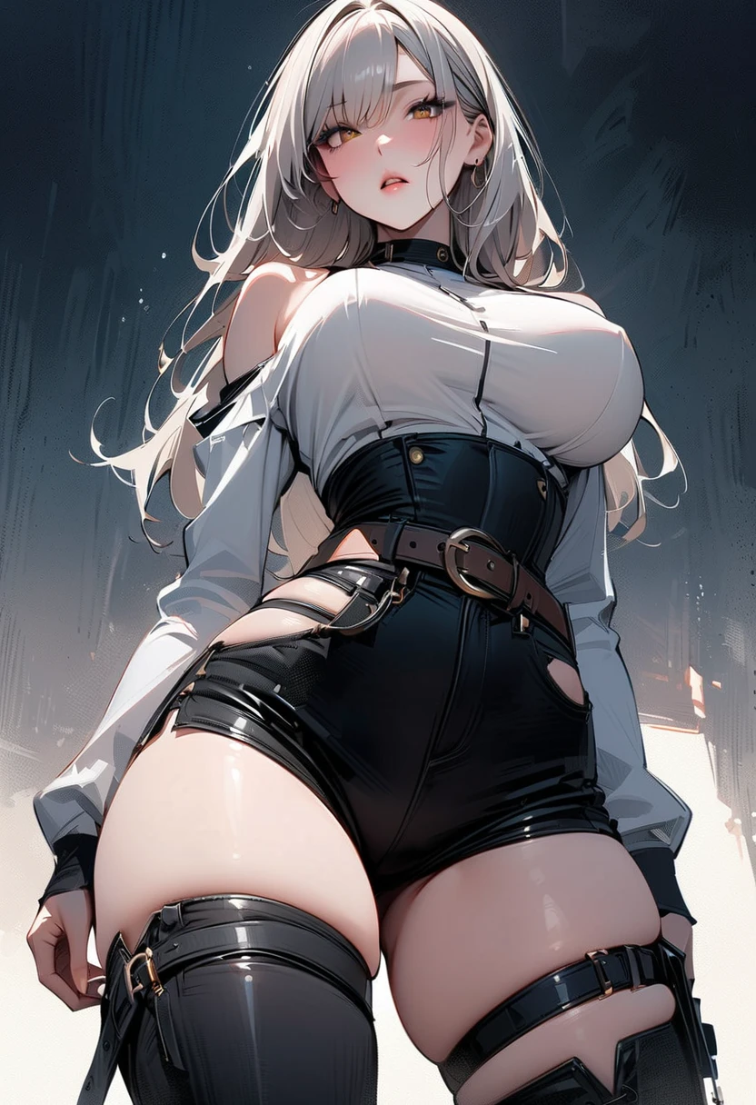 masterpiece, ultra-detailliert, 8k, hiquality, Top image quality, digitial illustration, Seductive Anime Girl, Combative posing, Depiction of dense hair, Detailed eye depiction, appearance Splash paint background in colors, Center, ((open clothes:1.3))、((crop top:1.3))、((cleavage:1.3))、((crop top navel))、((panty peek))、((huge breasts:1.3))、((huge hip:1.3))、((thick thighs))、biomechanical oppai, oppai proportions, Sharp Focus, Costumes with less fabric area, and draw the full body, Glossy realistic skin texture, ((Hover effect:1.2)), Precise human body structure, Low angle perspective, Configuration looking up from below