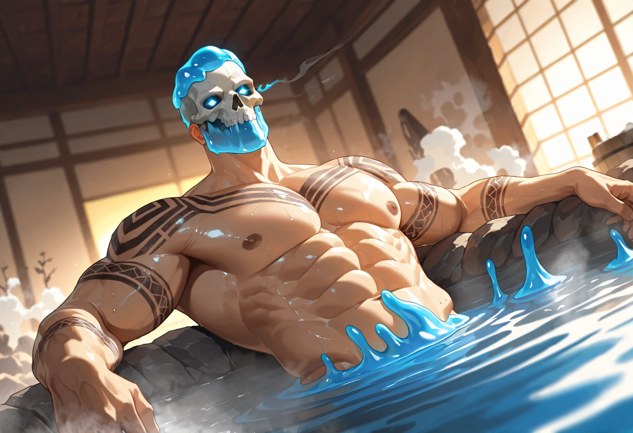 Expressiveh, cold stare, solo male, hungry, score_9, score_8_up, score_7_up, masterpiece, best quality, amazing quality, correct anatomy, high resolution, hyper-detailed, 1male, ((solo)), male, slime short hair, body made of slime, muscular, giant, goliath, slime of a brilliant turquoise blue tone, source_anime, haughty, slime in a form of a man, dominant, abs, eight pack, wide shoulder, mature, athletic, human like slime, goliath, body tattoo, skull mask, tentacles from the head, humanoid slime with a gelatinous shape, slime maintains a humanoid figure, athletic, powerfull, transparent body, capable of changing shape at will, glowing eyes, with a wise and calm look, reflects his maturity and experience, moves with a unique elegance, as if it were floating and gliding through the air, front view, calm expression, medieval fantasy, relaxed expression, hotspring, soaking inside hotspring, ((hot steam)), dramatic lighting, detailed background, depth of field, dynamic pose, detailed background, dynamic composition, dutch angle, detailed backgroud, leaning back
