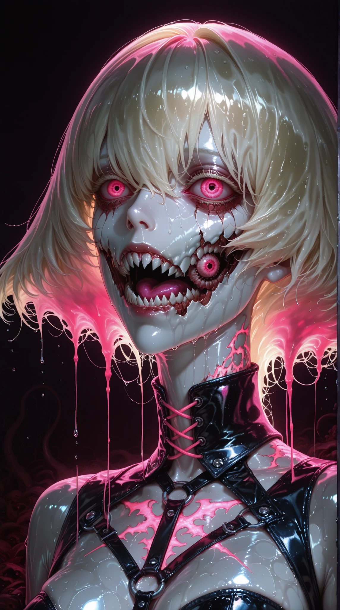 wetlands,girl in mud,outstretched_arm,(close-up:1.2),pov,smile,body horror,tentacles,(skeleton0.5),ChocolateWetStyle