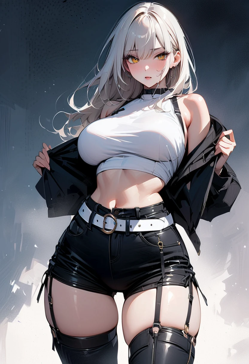 (masterpiece, Highest quality:1.2), 1People Women。Swedish、Has long silver hair、Dramatic face、24age、head band、Light brown skin、Large Breasts、Narrow waist、Big Ass、off-shoulder shirt、micro shorts、thigh boots、pantyhose、garter belt、