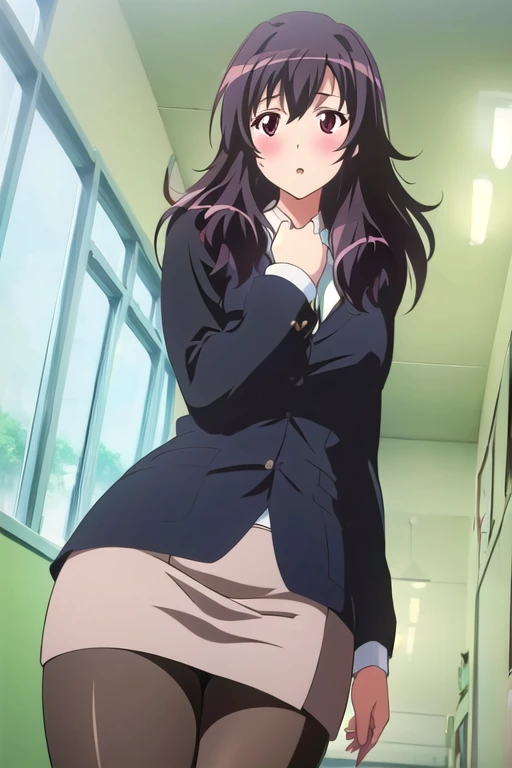 ((1girl)),((alone)),miko yotsuya,(masterpiece), (best quality), (ultra detailed), (best illustration), (best shadow), (absurdities), sharp focus, cowboy photo , looking at viewer, medium breasts, narrow waist, wide hips, wide thighs, round butt, dynamic posture, yellow eyes, blue-black hair, multicolored hair, long hair, blue pleated skirt, short skirt, beige sweater, yellow eyes, hair black, multicolored hair, long hair, blue pleated skirt, tight sweater, long sleeve, blue tie, white dress shirt, blue tie, nervous, fearful smile, (sexy pose: 1.2), solo, standing, indoors, Japanese school , night, window, school lights, living room, desk, desks, looking back, from behind, ((focus on ass:1.4)), point of view (from below), chill, perfect anatomy, perfect hands