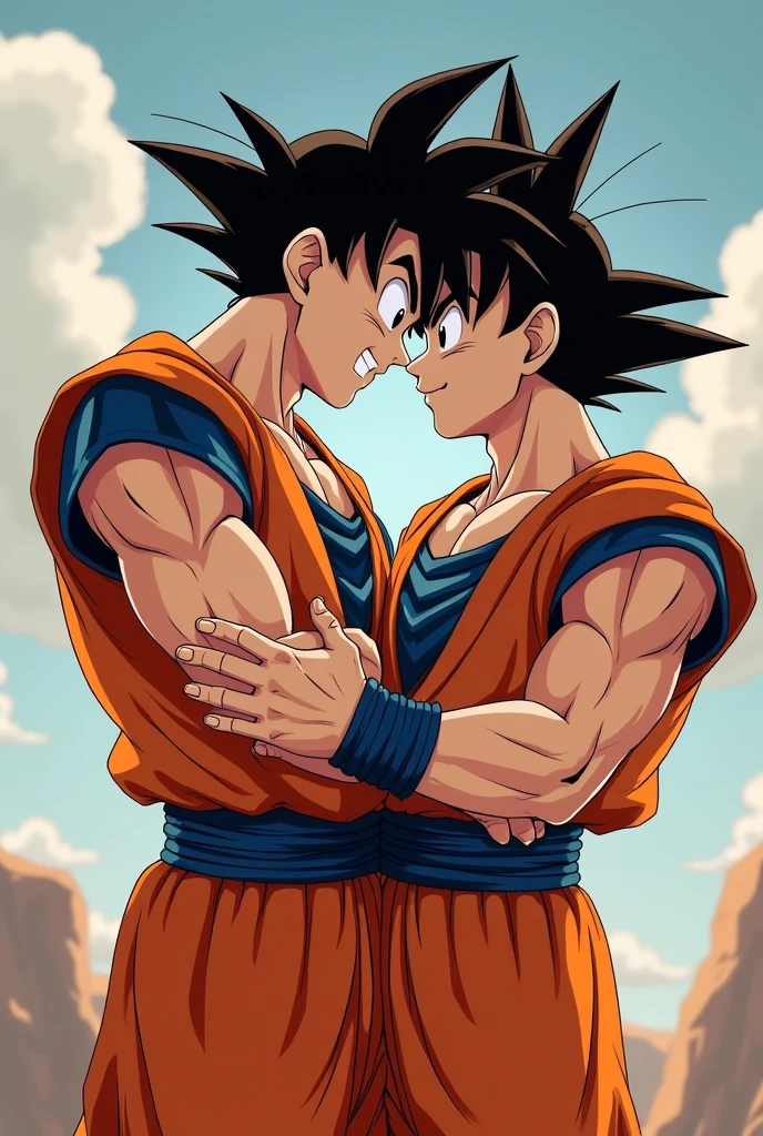 Goku and Vegeta kissing on the mouth (it's two men; both with their eyes closed; nice kiss on the mouth; shirtless both of them; with tight, knee-length jeans; barefoot and in the form of a drawing)