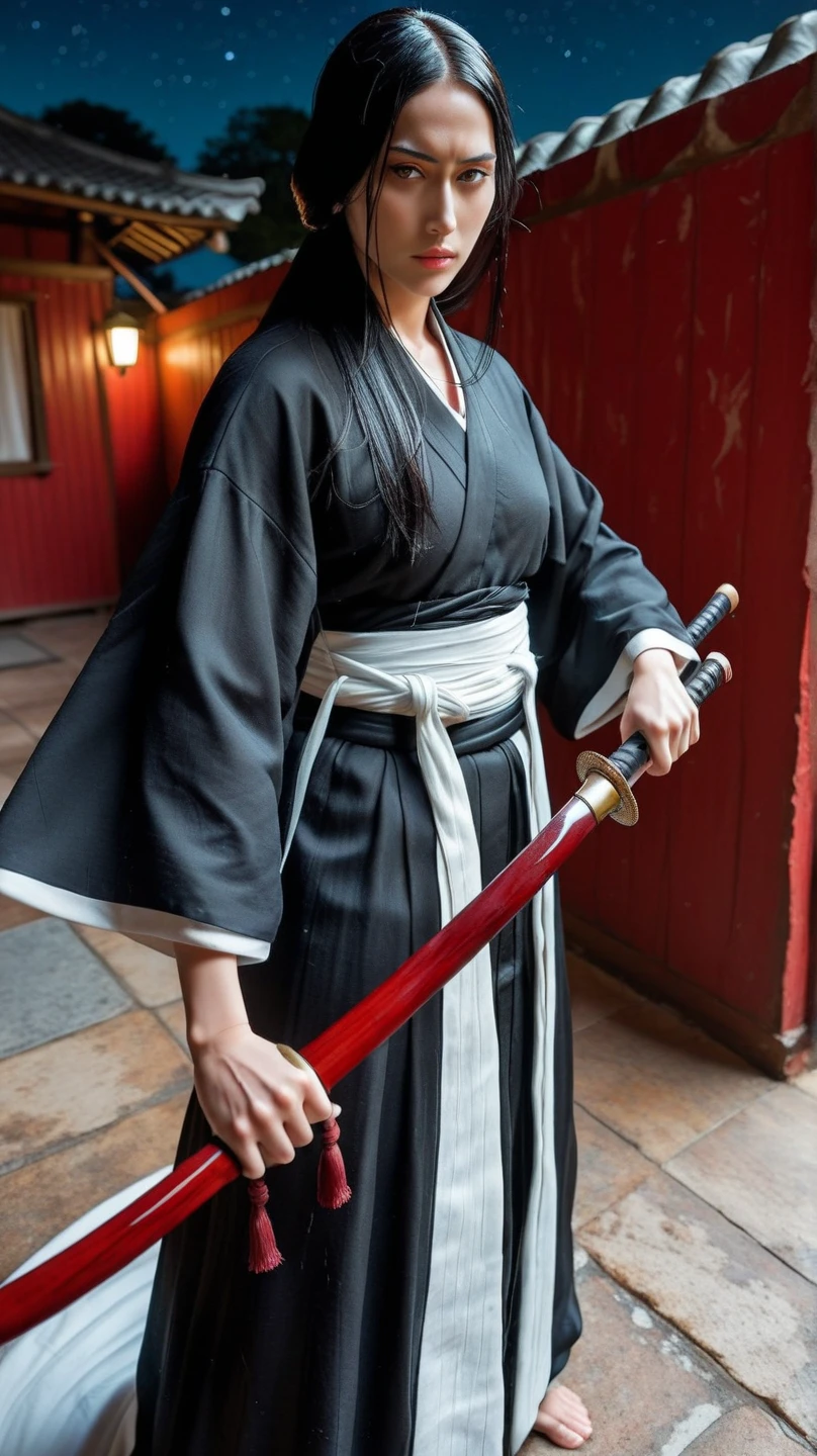 Samurai woman with gigantic round breast that are twice the size of her head, she has extremely wide hips, she wears a long dark hakama that covers her body, holding katana, she has a serious look on her face, ready for battle