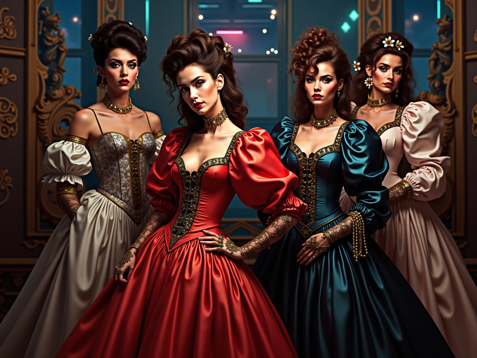 Charleston style, 3 girls, One, Blue eyes, black hair, gloves, red dress, Jewelry, earrings, looking back, bracelet, lips, draw up, lipstick