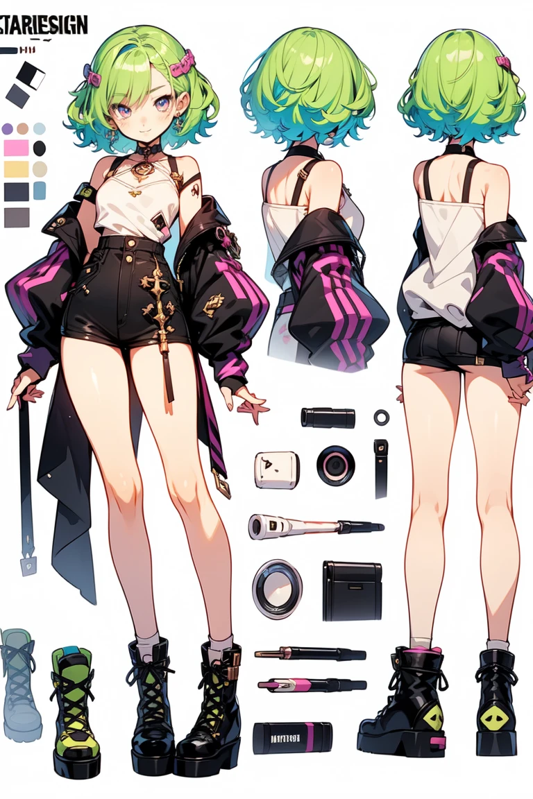 multiple views, pencil sketch, (sketch:1.25), (little girl,small breasts,), ((no shoes)), shy, best quality, graphite \\(medium\\), ske, gradient, rainbow, note, Line draft, highres, absurdres, (ultra-detailed:1.1), (illustration:1.1), (infographic:1.2), pajamas, (all clothes configuration:1.15), (solo), perfectly drawn hands, standing, cohesive background, paper, action, (character design:1.1), beltbra, corin, 1girl, ((dark skin)), short hair, green hair, bandaid on leg,