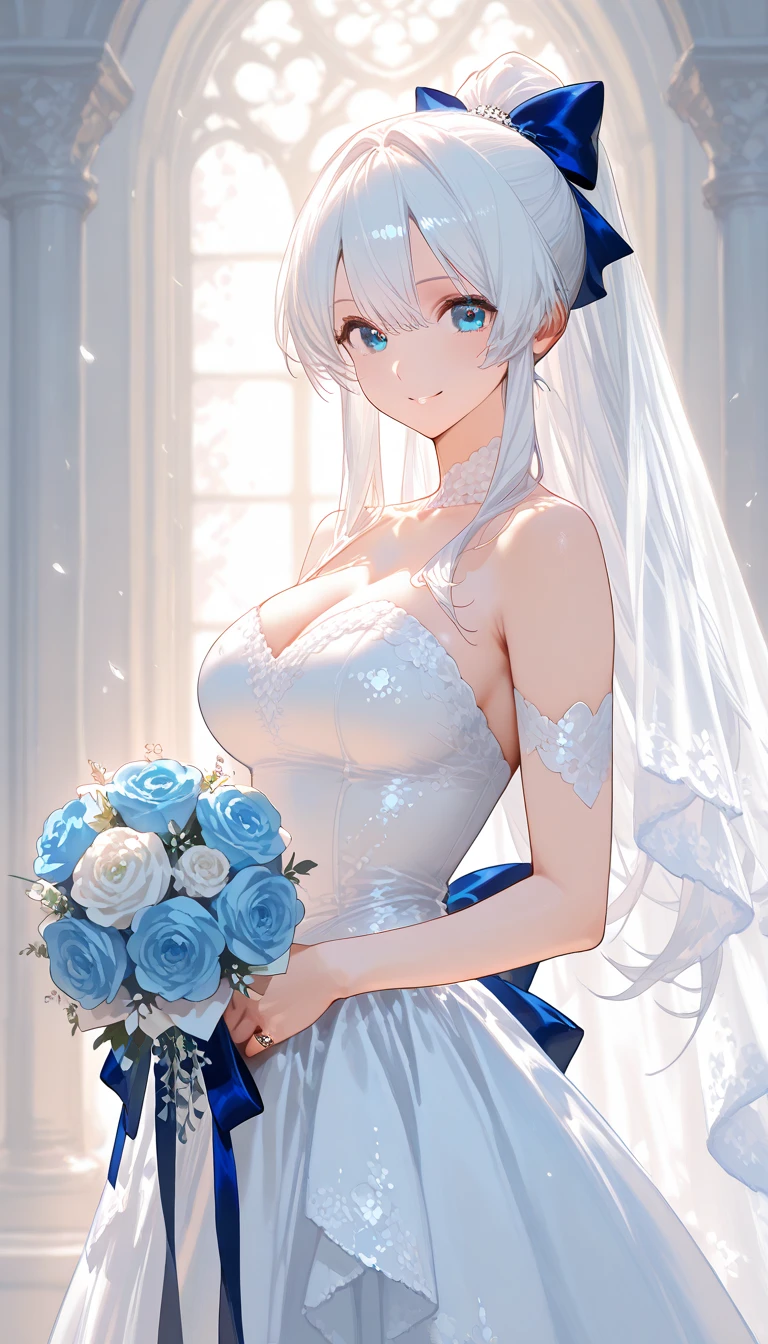 (masterpiece, best quality:1.5), (ultra detailed, high resolution, 8k, beautiful detailed, UHD, best anatomy), 1 cute girl, white hair, medium breasts, wedding dress, bridal veil, flower, wedding hall, Happy face