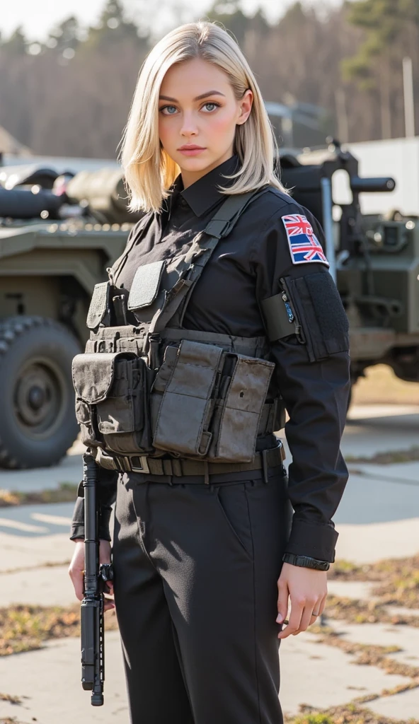 A stunning British female soldier of The Special Air Service stands with confidence at a military base, captivating face, exudes determination and professionalism. Her striking blonde and sleek long bob, ensuring a disciplined and tactical appearance, Her piercing blue eyes reflect focus and readiness for any mission,
Wearing a perfectly fitted The Special Air Service uniform, complete with tactical gear and insignias symbolizing her special forces unit, adding to her authoritative and distinguished presence. In her hands, she firmly grips a specialized rifle,Best quality, incredibly absurdres, high resolution, perfect description, perfect anatomy,4K, 8k, realistic, perfect lighting and shadows, cinematic,

