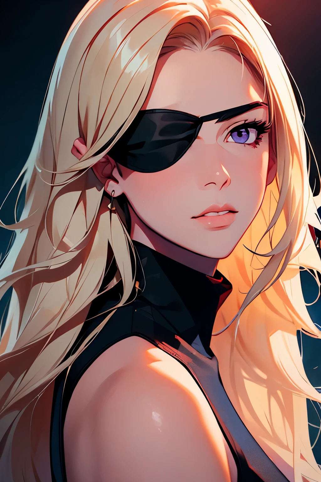 ((masterpiece)), ((best quality)), 1girl, adult, long hair, ((blonde hair)), very long blonde hair, ((intimidant look)), ((close-up)), profile image, green eyes, black and red clothes, sexy, dark colors, brillant eyes, ((coat with fur)), ((wavy hair)), exposed skin, ((sexy pose)), ((intimidant look)), good anatomy, ((dark sage clothes)), ((straight cut bangs)), emotionless, intimidant, ((beautiful eyes)), dark background, close up, ((detailed eyes)), beautiful eyes, ((detailed face)), hair bang, frontal look, evil, relaxed, smile, magical goddess othinus, detailed face, eyepatch, full body, ((detailed))