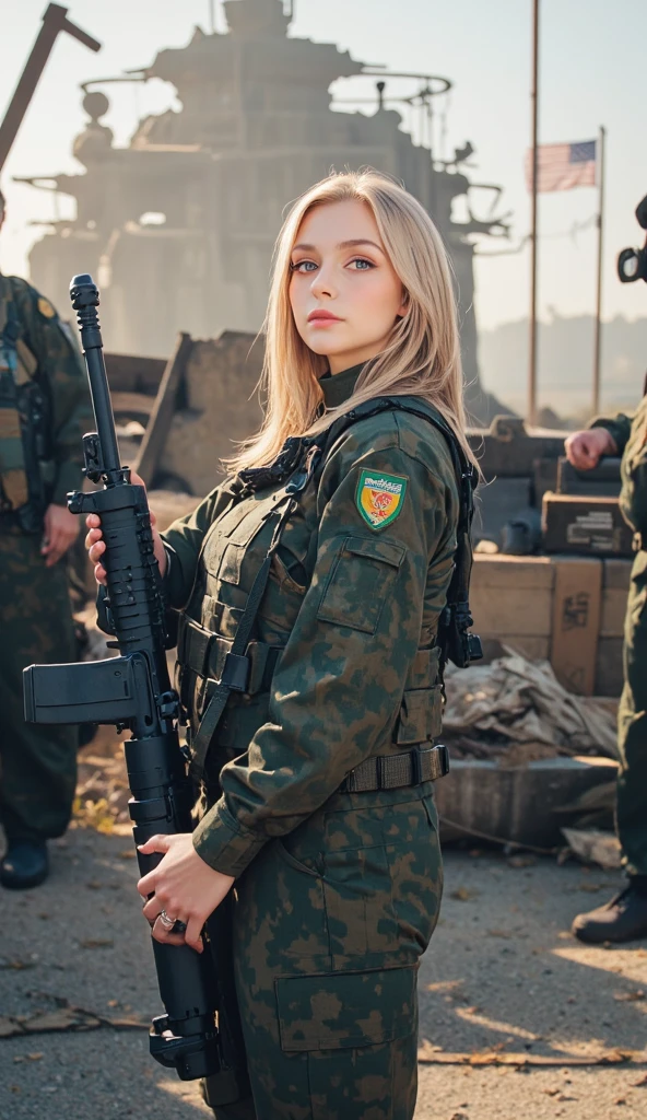 A stunning British female soldier of The Special Air Service stands with confidence at a military base, captivating face, exudes determination and professionalism. Her striking blonde and sleek long bob, ensuring a disciplined and tactical appearance, Her piercing blue eyes reflect focus and readiness for any mission,semi realistic anime style, Wearing a perfectly fitted The Special Air Service uniform, complete with tactical gear and insignias symbolizing her special forces unit, adding to her authoritative and distinguished presence. In her hands, she firmly grips a specialized rifle,Best quality, incredibly absurdres, high resolution, perfect description, perfect anatomy,4K, 8k, realistic, perfect lighting and shadows, cinematic,

