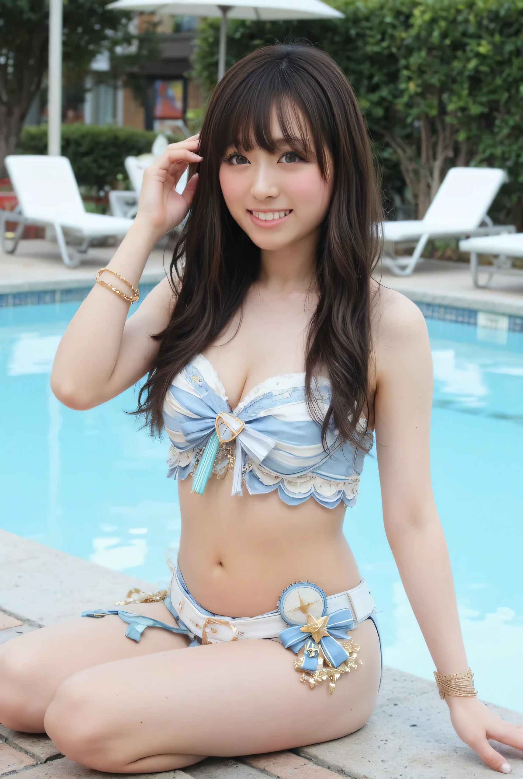 ((young girl ,short stature,gyaru)) ,flat chestembarrassed, flushed, flushing,((frilled one-piece-swimsuit,))black hair,cowboy shot,stand,nsfw,heavyset,curvy
