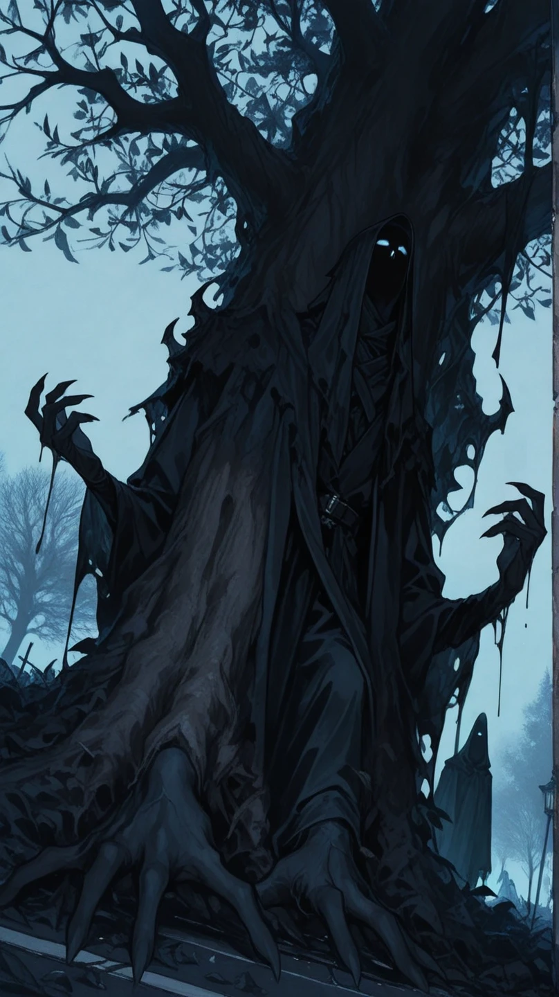 monster, Tree Monster, Tall stature, Resemblance to a person, human face, human anatomy, Dark background tones, dull tones, Gray tones, Location: Medieval City, on two legs, Top Quality, tmasterpiece,