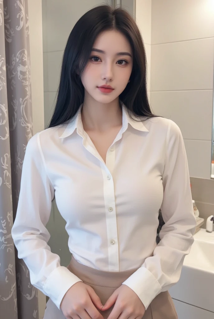 ((Realistic photo, Best quality, 8K, Masterpiece: 1.3)), (raw photo:1.2), Hyperrealist portrait gorgeous Beautiful Chinese girl, 20 years old, Perfect Figure, pretty slender body, (beautiful breasts: 1.2), very detailed eyes and face, (lustfully naughty face, crimson red lip, heavy makeup: 1.3, blushing, wearing glasses), beautiful detailed eyes, seductive sharp eyes, (charming smile: 1.4), white skin, photo realistic, very detailed face, ((white shirt, black pencil skirt)), (long legs: 1.2, beautiful long nails), loose curls hairstyle, ((standing pose)), (modern office room background)