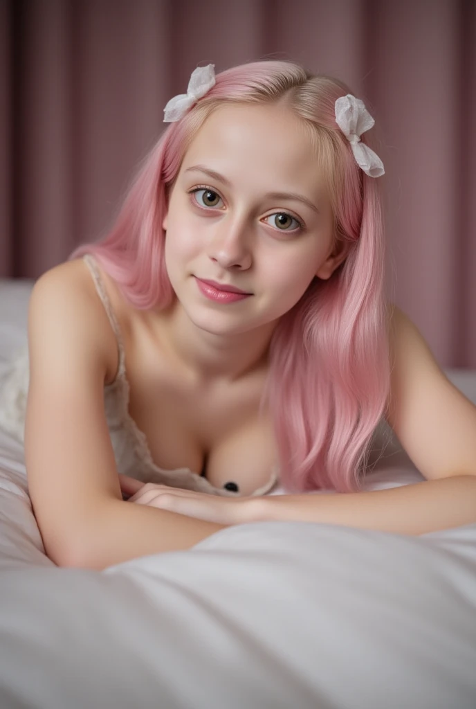 Very high quality,masterpiece,Super Detail,high-quality fabric,Detailed eyes and face,Extremely delicate and exquisite,Perfect details,1 girl,individual,Topless,Very long hair,Look at the audience,Innocent Expression,Violet eyes,Pink Hair,Ponytail,indoor,Bedroom Background,Sitting on the bed,Play with plush toys