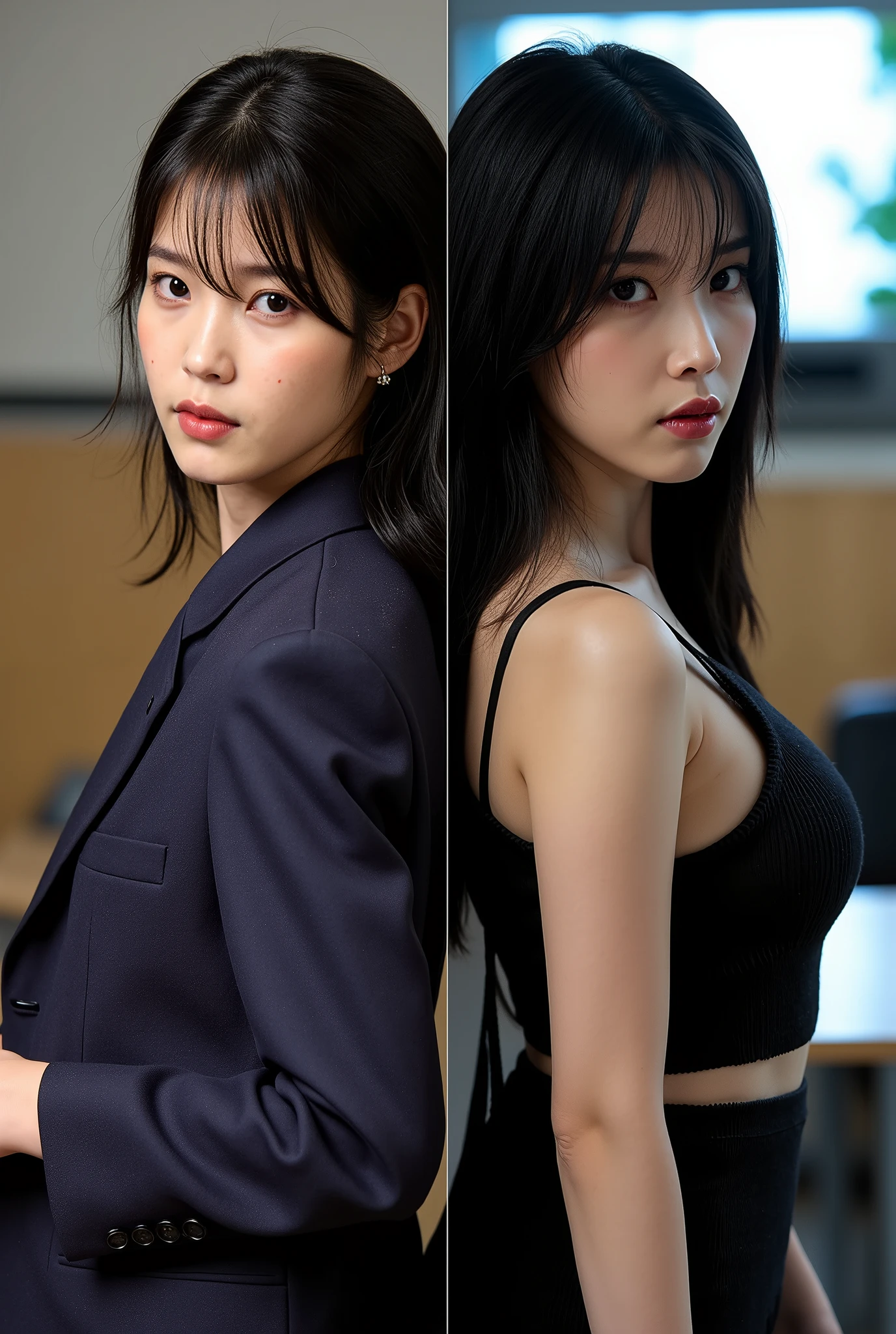 (((1girl: 1.5))), (8K, RAW photo, highest quality, masterpiece: 1.2), Super detailed, super resolution, (genuine, genuine photos: 1.37), portrait, High-definition RAW color photo, professional photos, 非常に詳細で美New, very detailed, 8K wallpapers, amazing details, huge file size, official art, very detailed CG Unity 8K wallpapers, very detailed beautiful girls, very detailed faces(20:1.2), 20th generation, cute girl, genuineistic body, small, white skin, glowing skin, Because I&#39;m slender, handsome body, black hair, ((short hair)), (dull bangs: 1.2), smile, cute, like々New, かわいらNew顔, realistic face, delicate eyes, sagging eyes, ((mini skirt)), ((In black suit)), (((No bra)), earrings, look at the camera, cowboy shot, positive, standing posture, contrasting, dynamic pose, C cup breasts,