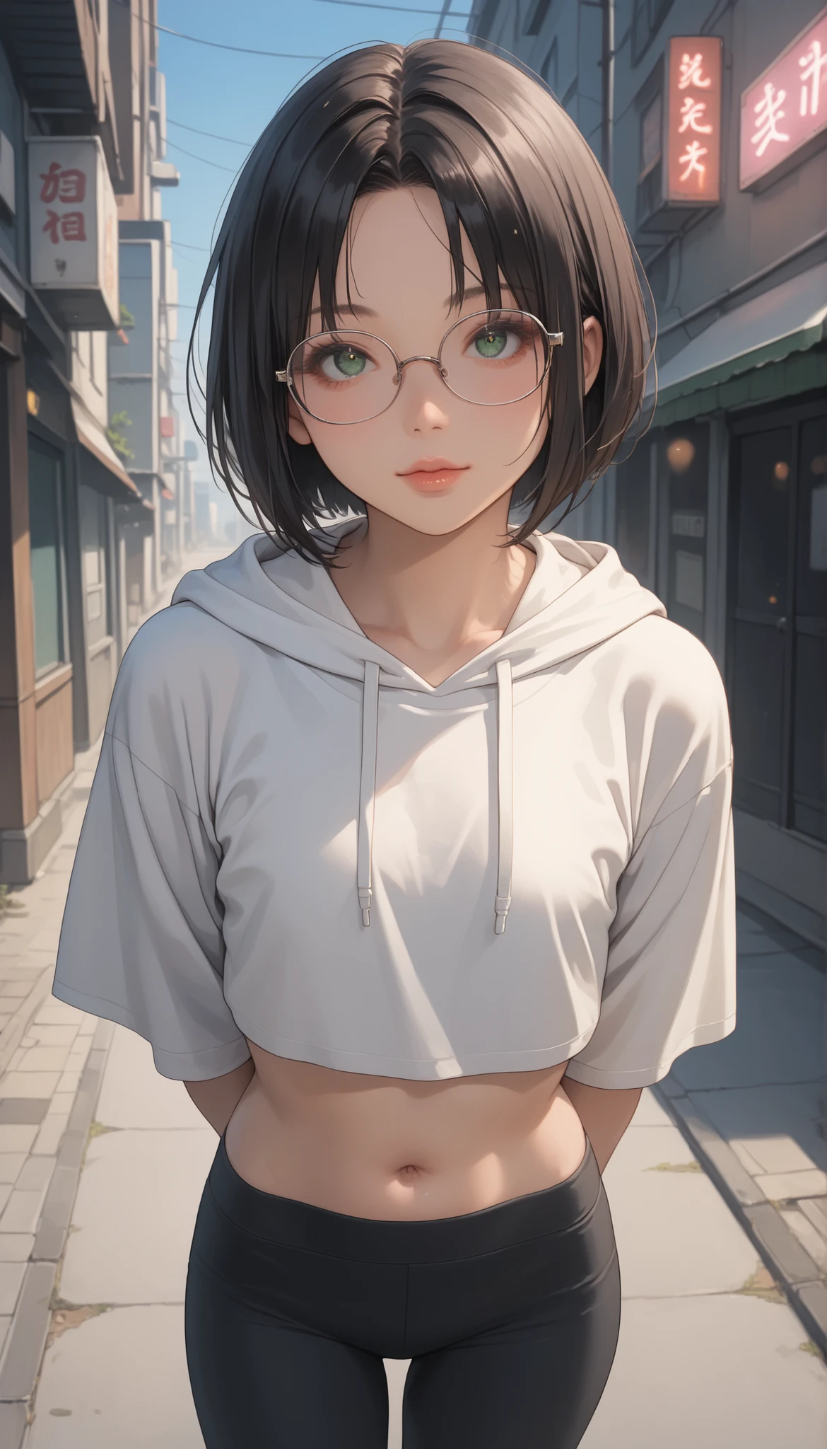 score_9, score_8_up, score_7_up, score_6_up, source_anime, rating:general, 1girl, solo, mature female, black hair, bob cut hair, parted bangs, big green eyes, eyeglasses, pale skin (porcelain skin), extremely detailed face (soft facial features), round face, cute face, slender build, slender legs, exposed midriff, cute belly button, flat chest, wearing a plain white cropped hoodie, black yoga pants, no makeup, natural glossy lips, subtle edgy touch, standing solo, empty street, neon lights, clear blue sky, vivid colours (background only), masterpiece, 8k quality, arms behind back, hands behind back, slightly leaning at angle, dynamic angle, view from below